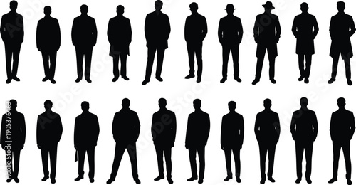 Business men silhouette collection, male professionals standing formal poses, corporate workforce leadership concept, black flat vector illustration, isolated, design