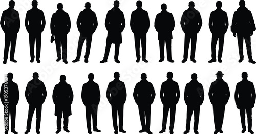 Business people silhouette collection, men standing formal casual poses, corporate workforce professional diversity concept, black flat vector illustration