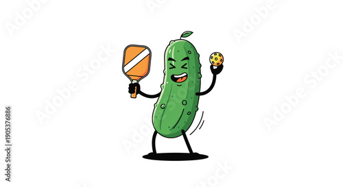 Cheerful pickle character holds a wooden paddle and a perforated ball while standing in an active pose for pickleball play.