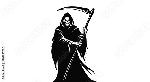 Striking black and white silhouette illustration of the grim reaper wearing a hooded cloak and holding a large scythe as a symbol of death.