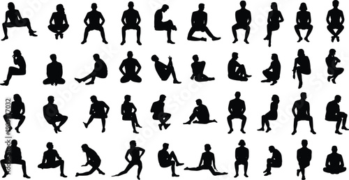 Diverse male and female silhouettes in various seated poses showing relaxed, thoughtful and casual positions for creative artwork, concept design, vector illustration
