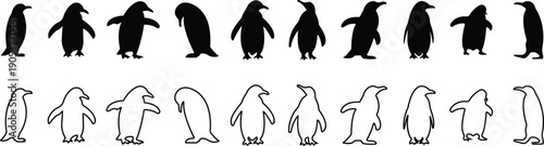 Penguin Flat Line Style Vector Black Icon Set, Antarctic Bird Silhouette Symbol Collection and Wildlife Outline Graphic Group Featuring Penguin, Seabird and Flightless Bird