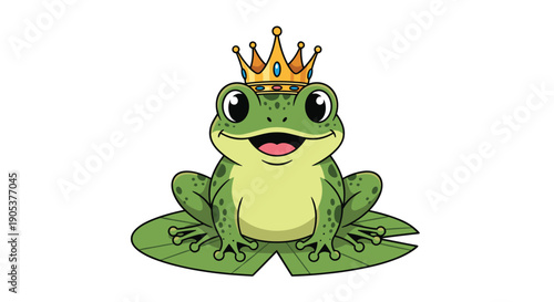 Adorable green cartoon frog prince wearing a golden jeweled crown sitting happily on a green lily pad floating in a pond with a big smile.