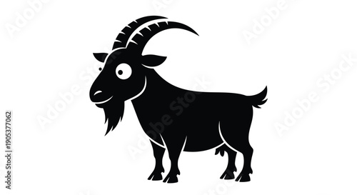 Simple black silhouette of a goat standing sideways with large curved horns and a small beard isolated on a clean white background for design.