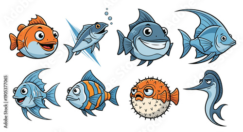 Diverse set of cheerful cartoon fish including a pufferfish, marlin, and goldfish swimming together with bright colors and friendly faces.