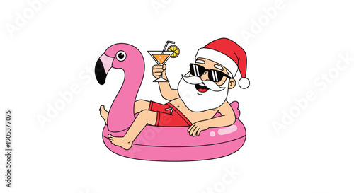 Jolly Santa Claus wearing sunglasses and swim trunks relaxes on a pink flamingo pool float while holding a tropical cocktail on vacation.