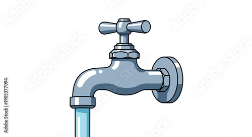 Realistic illustration of a silver metal water faucet with a cross handle attached to a wall with a steady stream of clear blue water flowing.