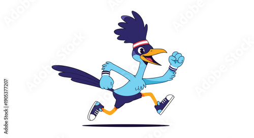 Fast-paced cartoon roadrunner bird with blue feathers and a purple crest wearing a headband and sneakers running energetically with a big smile.