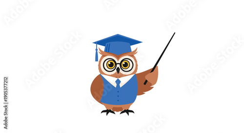 Wise brown owl wearing a blue academic cap, suit, and glasses holds a long wooden pointer while standing ready to teach a classroom lesson.