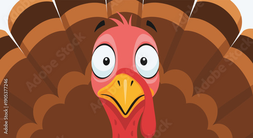 Close-up cartoon illustration of a surprised turkey face with large eyes and a yellow beak against a background of brown tail feathers.