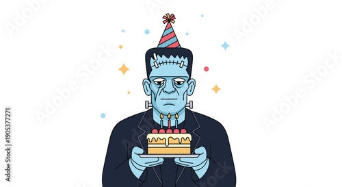 Melancholy Frankenstein monster with blue skin wearing a party hat and holding a small birthday cake with lit candles and colorful sparkles.