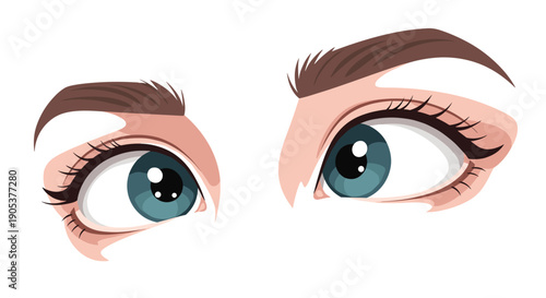 Realistic vector illustration of beautiful blue human eyes with detailed eyelashes and brown eyebrows looking curiously to the side.