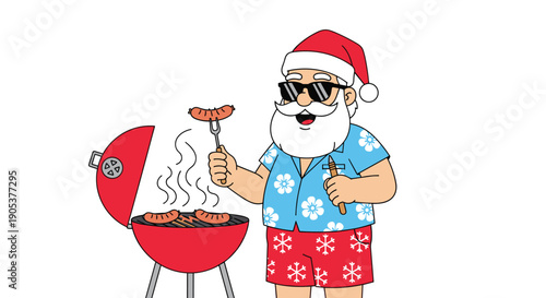 Relaxed Santa Claus in a Hawaiian shirt, shorts, and sunglasses grills sausages on a red kettle barbecue during his summer vacation.