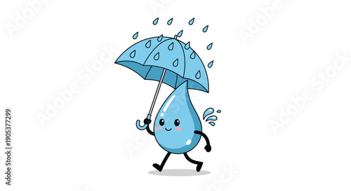 Cheerful blue raindrop character with a cute face and arms walking happily while holding a blue umbrella as more raindrops fall from above.