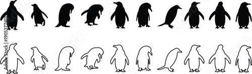 Penguin Flat Line Style Vector Black Icon Set, Antarctic Bird Silhouette Symbol Collection and Wildlife Outline Graphic Group Featuring Penguin, Seabird and Flightless Bird