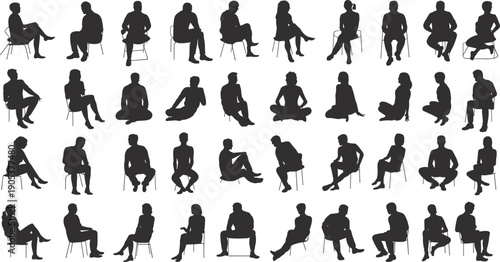 Diverse silhouettes of men and women sitting on chairs showing relaxed, casual and thoughtful poses for creative artwork, concept design, vector illustration