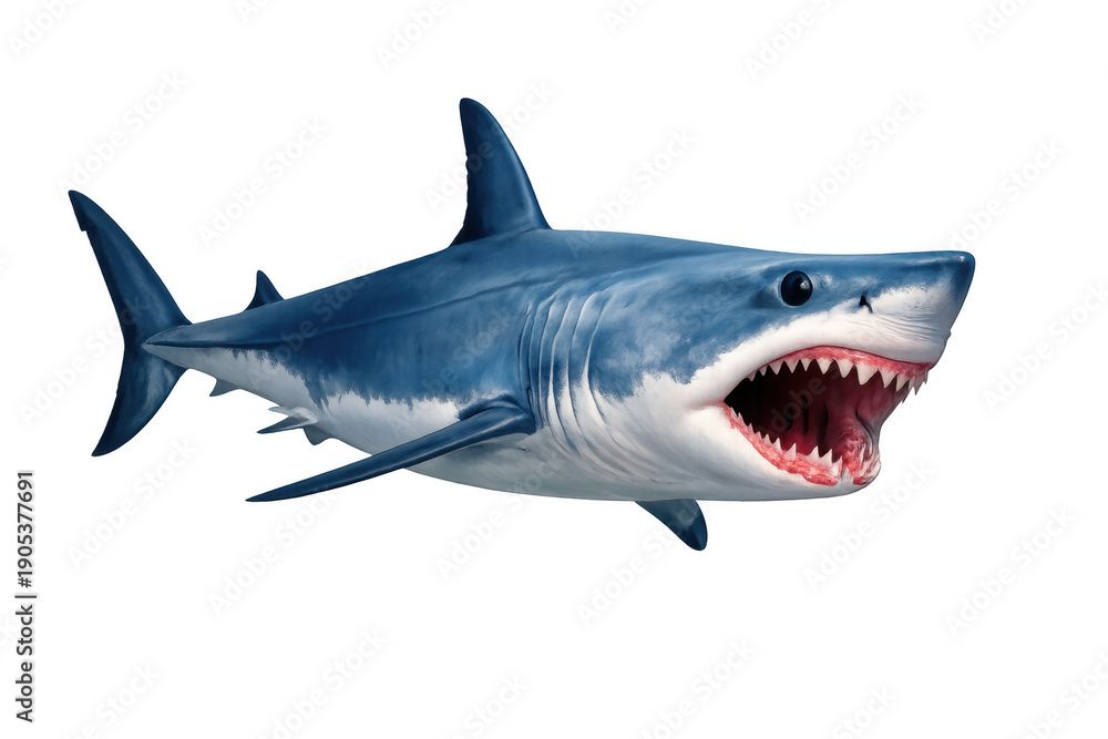 Obraz premium Great white shark showing powerful jaws and sharp teeth, a dangerous ocean predator hunting fearlessly on transparent background