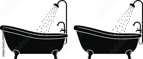 Classic bathtub with shower silhouette, vintage bathroom interior hygiene concept, home spa furniture isolated on white background, flat vector illustration