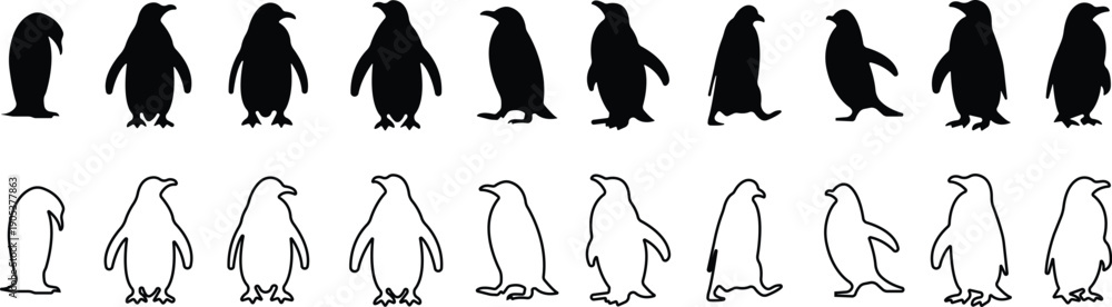 Fototapeta premium Penguin Flat Line Style Vector Black Icon Set, Antarctic Bird Silhouette Symbol Collection and Wildlife Outline Graphic Group Featuring Penguin, Seabird and Flightless Bird