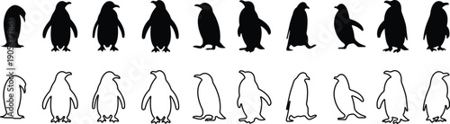 Penguin Flat Line Style Vector Black Icon Set, Antarctic Bird Silhouette Symbol Collection and Wildlife Outline Graphic Group Featuring Penguin, Seabird and Flightless Bird