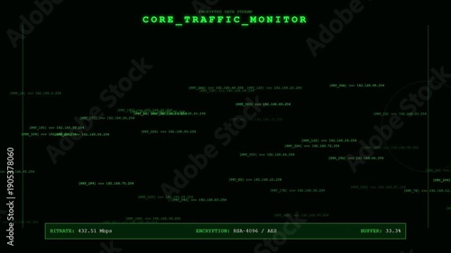 Cyber Security Network Traffic Monitor HUD: Encrypted Data Stream with IP Addresses and RSA-4061 Encryption Animation