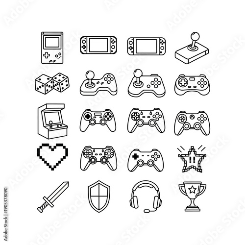 Collection of gaming icons and elements in a clean line art style.