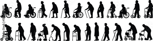 Elderly people silhouettes using wheelchairs, walkers, canes and mobility aids, showing senior disability support, rehabilitation, healthcare assistance and aging lifestyle vector