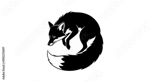 Stylized Black Fox Curled in a Circle Silhouette.