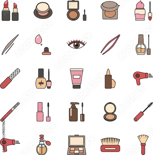 Diverse Collection of Makeup and Beauty Products Icons on White Background