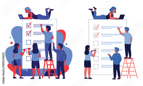 People collaborating on tasks completing checklists and using digital devices