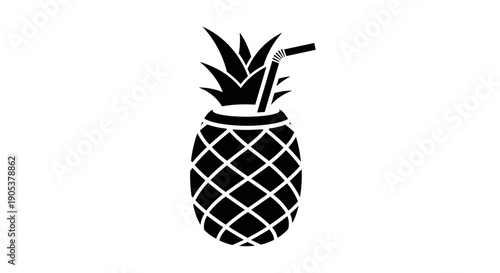 Stylized Black Silhouette of a Pineapple with a Straw 1.