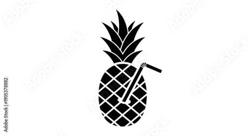 Stylized Black Silhouette of a Pineapple with a Straw.