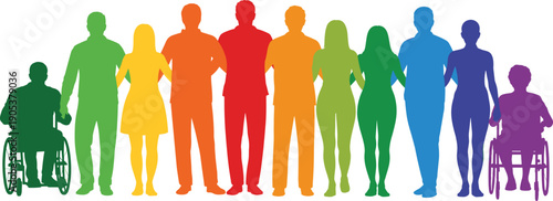 Colorful diverse people silhouettes lineup, inclusive society concept, men women wheelchair users standing together, equality diversity unity theme, flat vector illustration