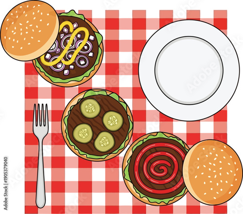 Delicious Hamburger Picnic with Fresh Ingredients on Red Checkered Tablecloth