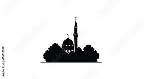 Mosque Silhouette with Dome and Minaret at Dusk with Copy Space