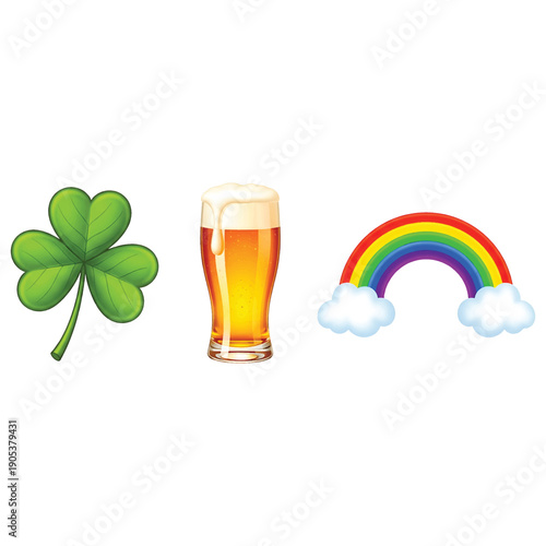 Four Leaf Clover, Beer Mug, and Rainbow Emoji Style Vector Illustration for St. Patrick’s Day