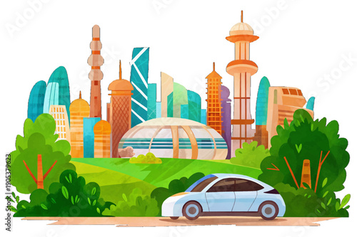 Smart city landscape illustration in flat vector style, featuring modern urban skyline, autonomous self-driving cars, advanced transportation systems, and integrated digital technologies shaping