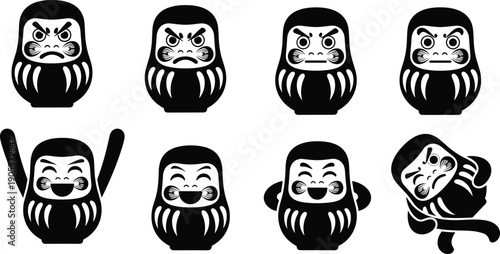 Daruma doll set Japanese traditional lucky charm perseverance symbol goal achievement mascot black vector illustration collection design
