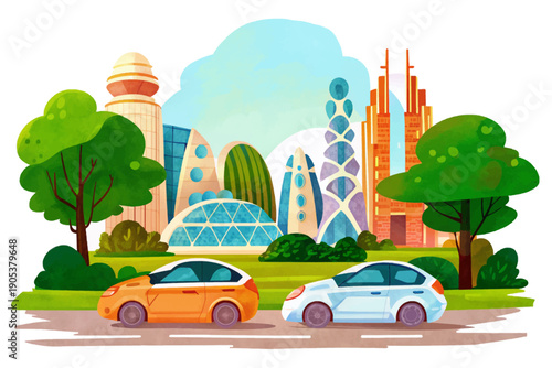 Futuristic electric car driving at high speed through a sci-fi city, representing advanced transportation, clean energy mobility, and innovative automotive technology in a visionary urban environment