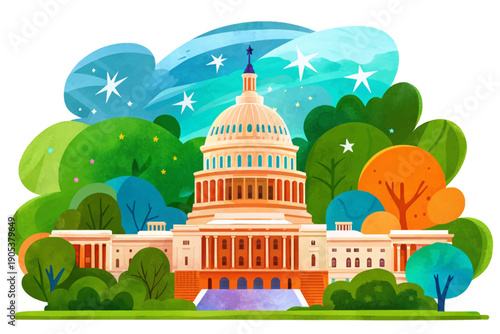 the US Capitol building in Washington DC, isolated on a white background, featuring clean lines and modern design style suitable for political, governmental, and editorial graphic concepts