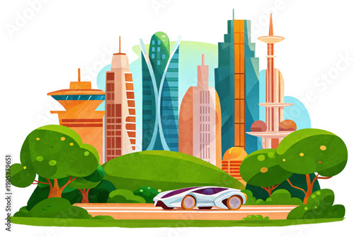 Futuristic electric car driving at high speed through a sci-fi city, representing advanced transportation, clean energy mobility, and innovative automotive technology in a visionary urban environment