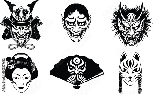 Japanese traditional mask collection samurai oni kitsune geisha kabuki noh demon fox warrior black white vector illustration design set artwork