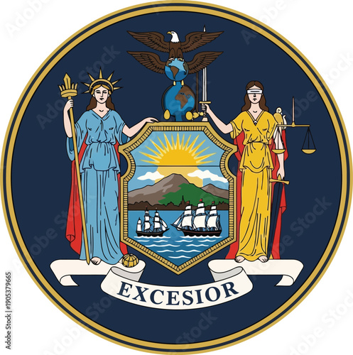 New York State Seal Illustration with Symbols of Freedom and Justice