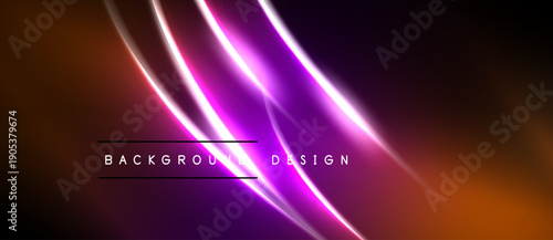 Abstract neon lines over dark background. Orange, purple hues create dynamic visual effect. Text reads background design.
