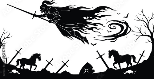 Flying Ghost Knight Silhouette with Sword Over Battlefield, Dark Castle Fantasy Vector
