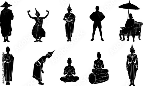 Thai traditional people silhouette set culture dance greeting costume heritage Thailand vector illustration collection design
