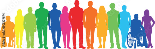 Colorful diverse people silhouettes set, inclusive society concept, men women wheelchair users, standing group, equality diversity theme, flat vector illustration