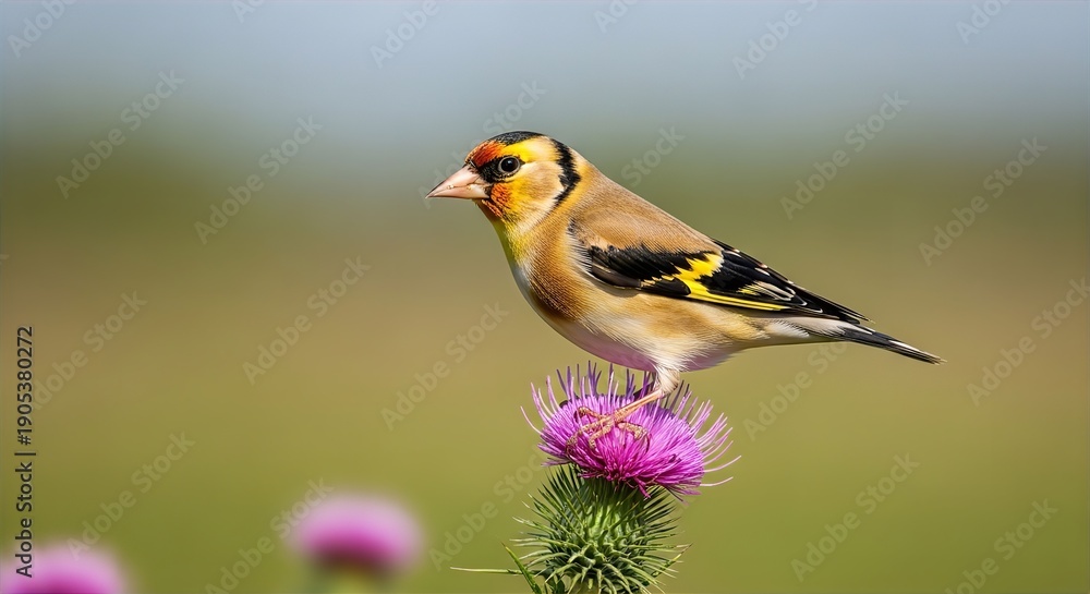 Fototapeta premium European Goldfinch on Blooming Thistle