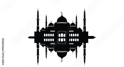 Mosque silhouette with reflection in water, serene and peaceful atmosphere
