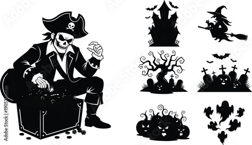 Halloween Pirate Skeleton Treasure Chest, Haunted House Witch Spooky Elements, Vector Collection.